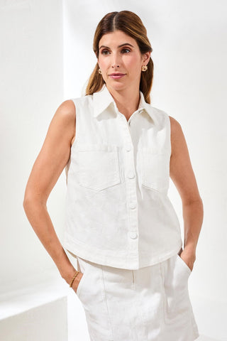 Textured Jacquard Sleeveless Button-Front Top-White