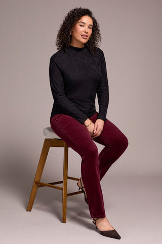 Jacquard Knit Long-Sleeve Mock Neck Top-Black