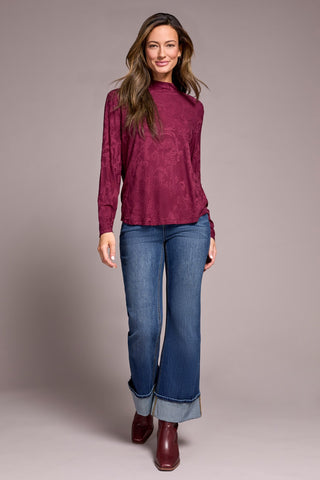 Jacquard Knit Long-Sleeve Mock Neck Top-Wine
