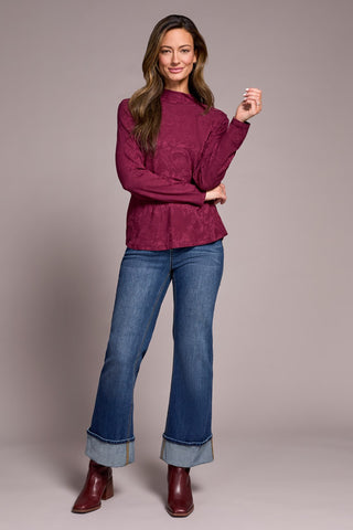 Jacquard Knit Long-Sleeve Mock Neck Top-Wine