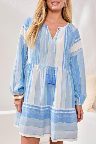 Jacquard Tiered Dress With Balloon Sleeves and Drawcord Neckline-Sky