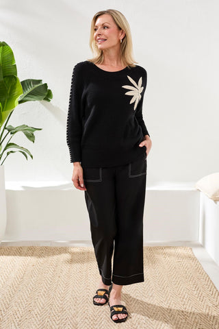 Jacquard 3/4 Sleeve Sunburst Crewneck Sweater-Black