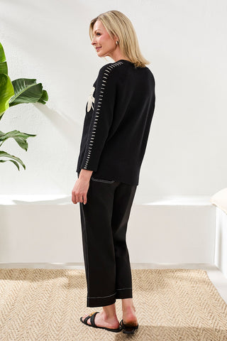 Jacquard 3/4 Sleeve Sunburst Crewneck Sweater-Black