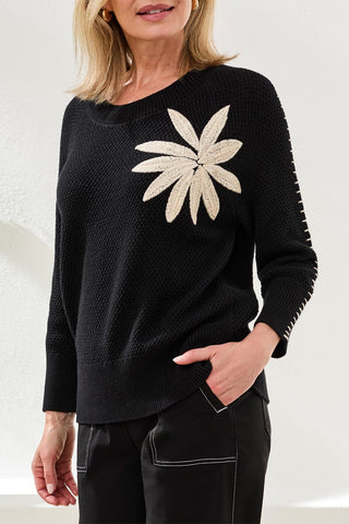 Jacquard 3/4 Sleeve Sunburst Crewneck Sweater-Black