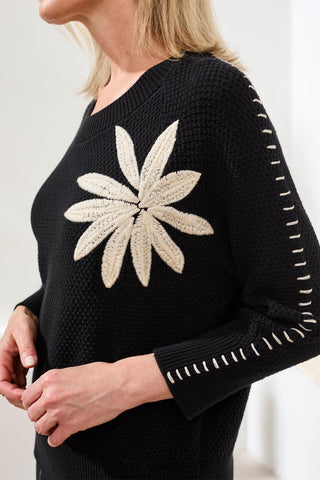 Jacquard 3/4 Sleeve Sunburst Crewneck Sweater-Black