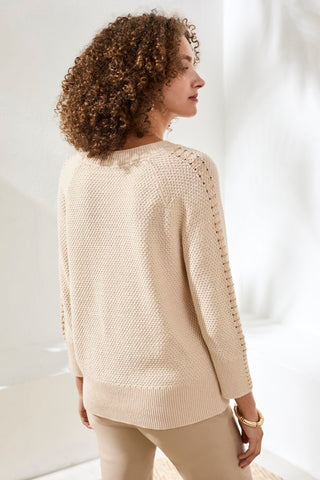 Jacquard Sunburst Crewneck 3/4 Sleeve Sweater-Canvas