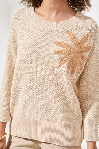 Jacquard Sunburst Crewneck 3/4 Sleeve Sweater-Canvas