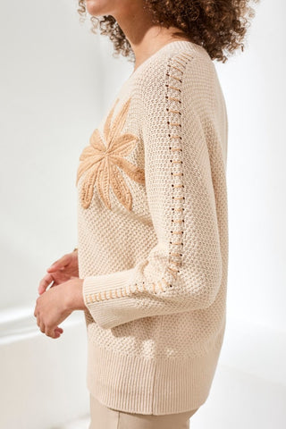 Jacquard Sunburst Crewneck 3/4 Sleeve Sweater-Canvas