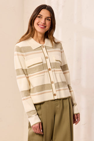 Knit Jacquard Button-Front Collared Cardigan-Moonstone