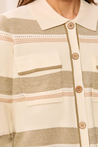 Knit Jacquard Button-Front Collared Cardigan-Moonstone