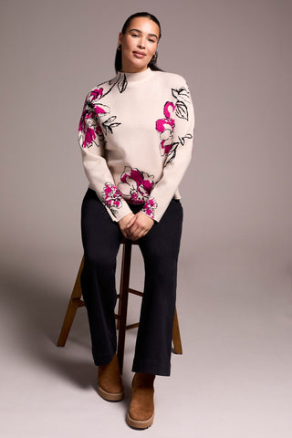 Knit Jacquard Funnel Neck Sweater-Pink flambe