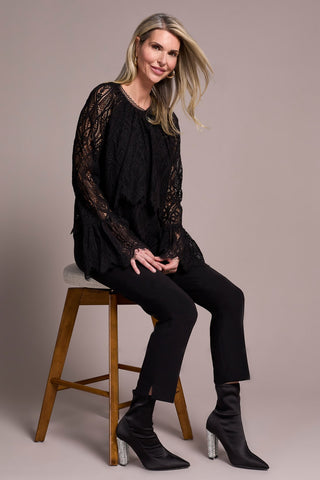 Lace Crew Newck Blouse With Lined Body-Black