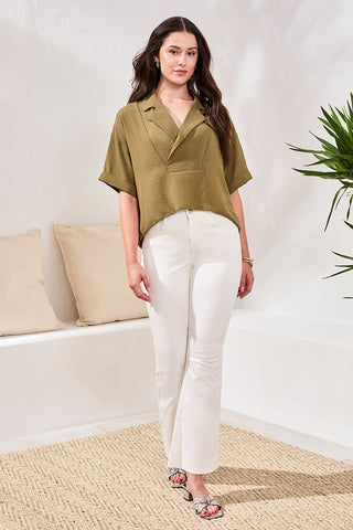 Airflow Draped Lapel Collar Blouse-Rainforest