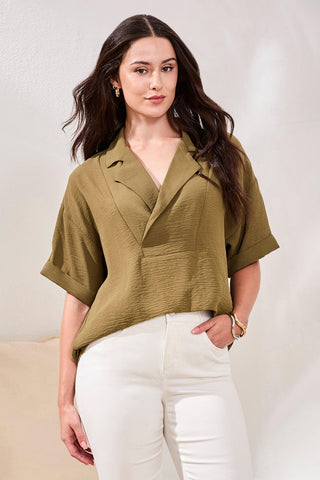 Airflow Draped Lapel Collar Blouse-Rainforest