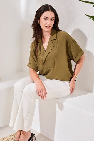 Airflow Draped Lapel Collar Blouse-Rainforest