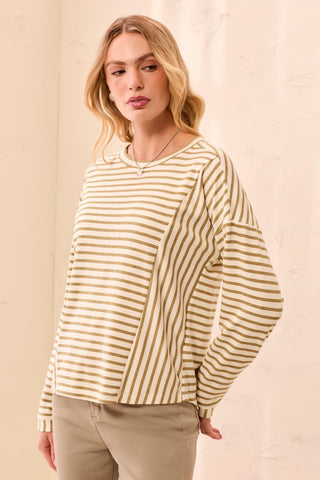 Lightweight Striped Crewneck Long Sleeve Knit Top-Aloe