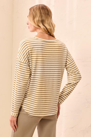Lightweight Striped Crewneck Long Sleeve Knit Top-Aloe