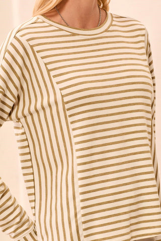 Lightweight Striped Crewneck Long Sleeve Knit Top-Aloe