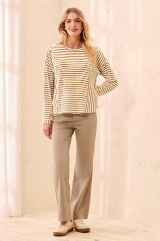 Lightweight Striped Crewneck Long Sleeve Knit Top-Aloe