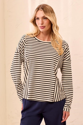 Lightweight Striped Crewneck Long Sleeve Knit Top-Black