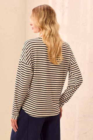 Lightweight Striped Crewneck Long Sleeve Knit Top-Black