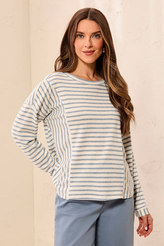 Lightweight Striped Crewneck Long Sleeve Knit Top-Blue fog