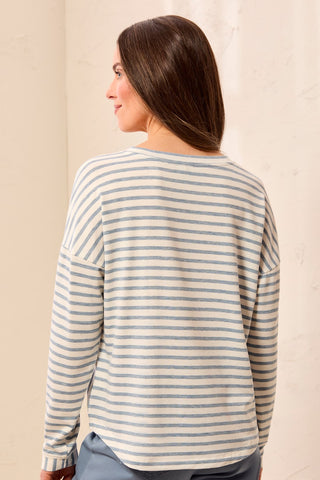 Lightweight Striped Crewneck Long Sleeve Knit Top-Blue fog