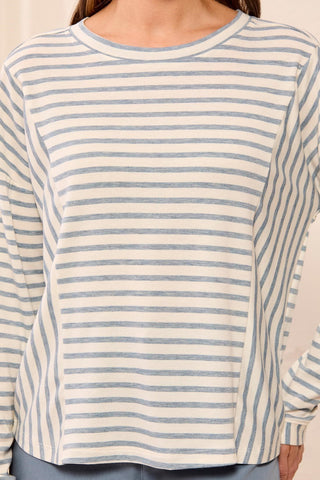 Lightweight Striped Crewneck Long Sleeve Knit Top-Blue fog