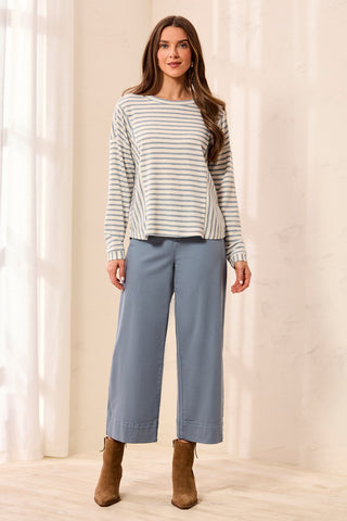 Lightweight Striped Crewneck Long Sleeve Knit Top-Blue fog