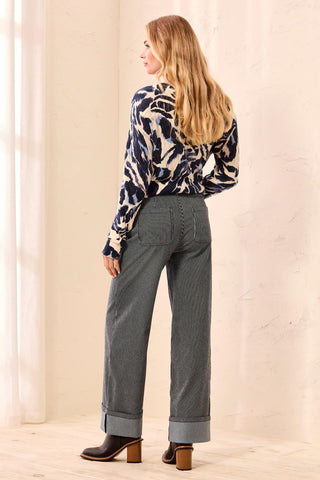 Lightweight Striped Wide Leg Cuffed Ankle Pants-Sapphire