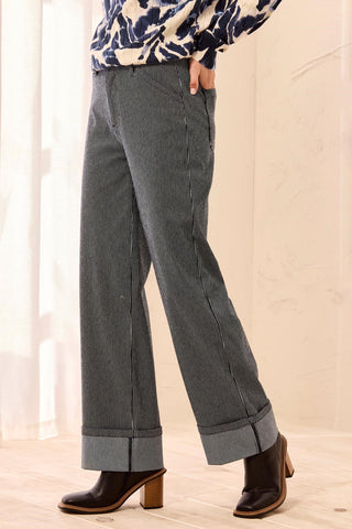 Lightweight Striped Wide Leg Cuffed Ankle Pants-Sapphire