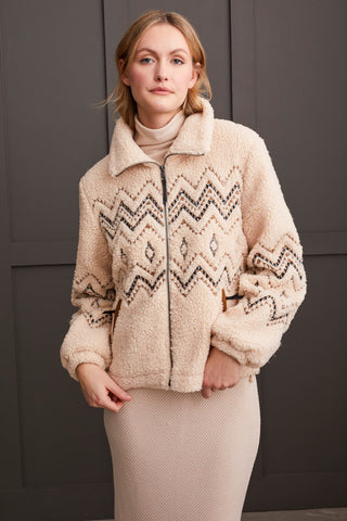 alt view 2 - LINED BOUCLE SHERPA JACKET WITH EMBROIDERY-Latte