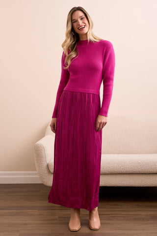 Lined Long-Sleeve Twofer Maxi Dress-Pink flambe