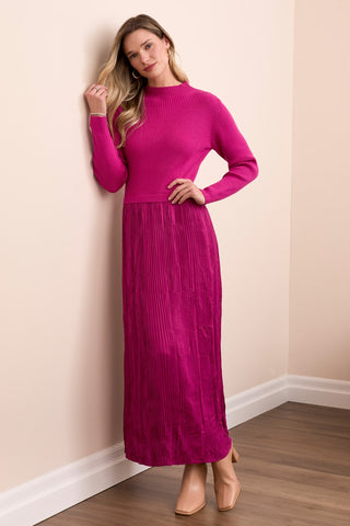 Lined Long-Sleeve Twofer Maxi Dress-Pink flambe