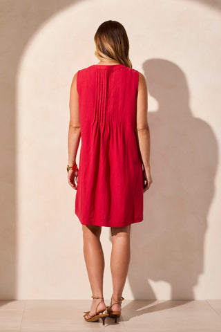 Robe Plissée Sans Manches En Lin Mélangé-Cerise