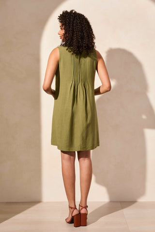 Robe Plissée Sans Manches En Lin Mélangé-Vert Foncé