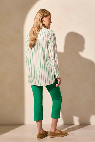 LONG SLEEVE BUTTON-UP STRIPE TUNIC SHIRT-Kelly