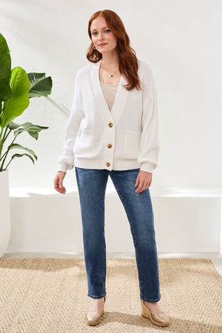 Long Sleeve Combed Cotton Cardigan-White