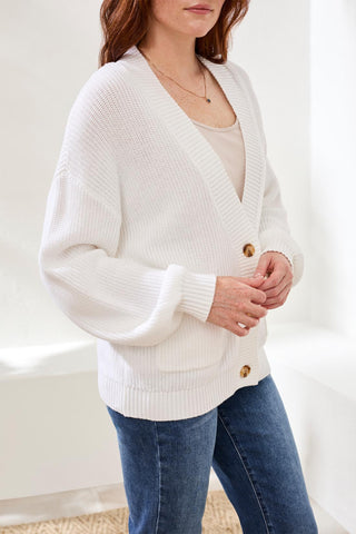 Long Sleeve Combed Cotton Cardigan-White