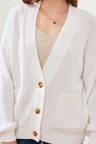 Long Sleeve Combed Cotton Cardigan-White