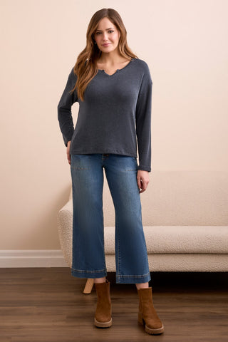 Long-Sleeve Notch Collar Top-Marine