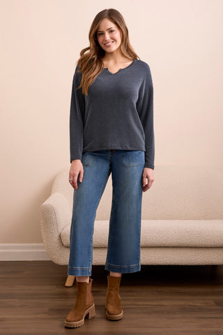 Long-Sleeve Notch Collar Top-Marine