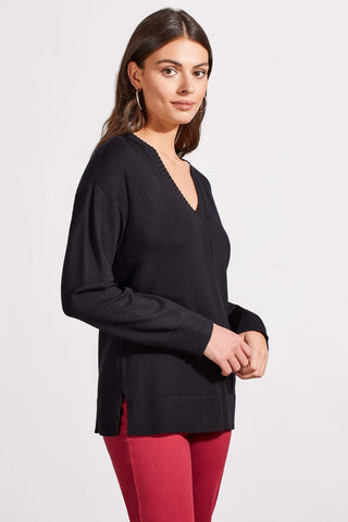 alt view 1 - LONG SLEEVE V-NECK SWEATER WITH CABLE KNIT DETAIL-Black