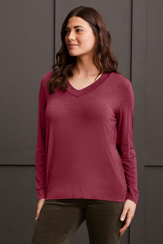 LONG-SLEEVE V-NECK TOP WITH SIDE SLITS-Bordeaux