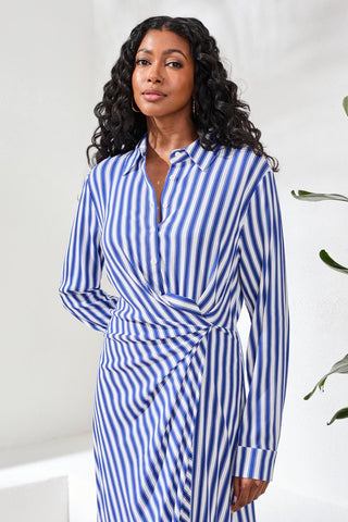 Long Sleeve Wrap Waist Shirt Dress-White
