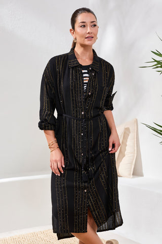 Lurex Jacquard Button-Front Cover-Up Dress With Roll-Up Sleeves-Black