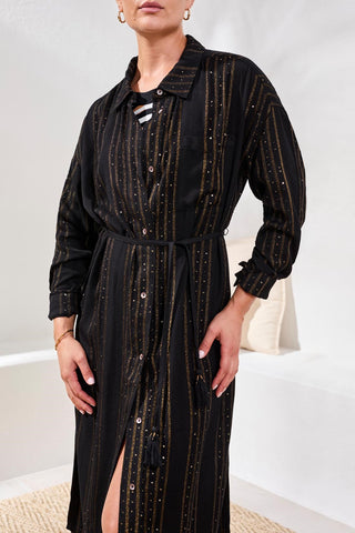 Lurex Jacquard Button-Front Cover-Up Dress With Roll-Up Sleeves-Black