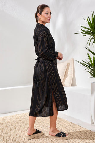 Lurex Jacquard Button-Front Cover-Up Dress With Roll-Up Sleeves-Black