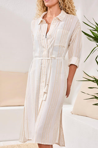 Lurex Jacquard Button-Front Cover-Up Dress With Roll-Up Sleeves-White