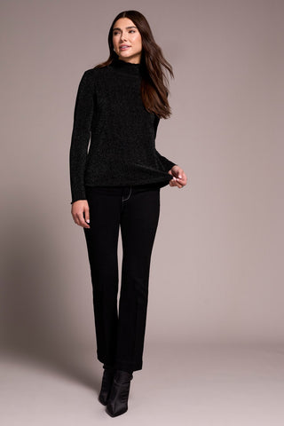Lurex Long-Sleeve Mock Neck Knit Top-Black